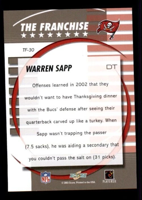 2003 Score The Franchise #TF30 Warren Sapp. - Image 2 of 2