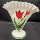 FENTON VINTAGE MILK GLASS "FAN VASE" WITH HAND PAINTED RED TULIPS W/ GREEN TRIM