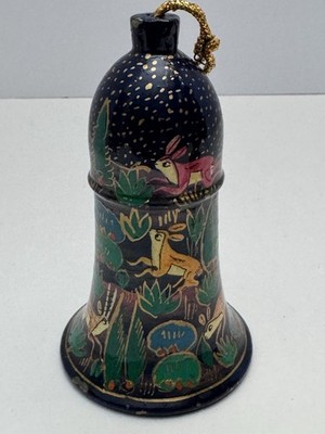 Wooden Wild Animals Bell Ornament Made in India Handmade Handpainted 4'' Tall 