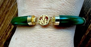 Vintage chinese jade jadeite gold tone filled longevity symbol bracelet