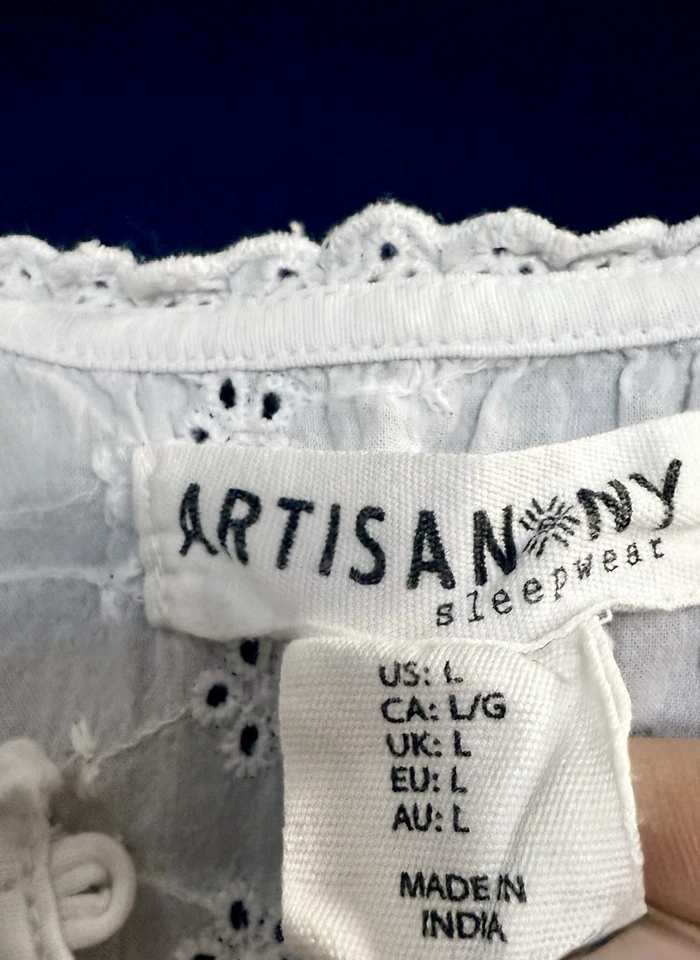 Vestido camisón de encaje con ojales de algodón blanco ropa de dormir Artisan NY L Foto 3 de 4