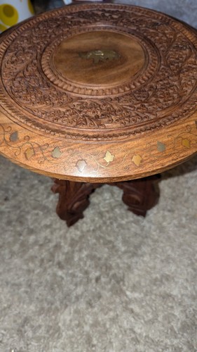 Vintage Carved Wood and Brass Indian Table Plant Stand Elephant Folding - Picture 4 of 24