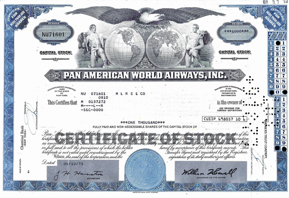 Pan American World Airways Inc.,  10. 08. 1973  - 1.000 Shares - Bild 1 von 1