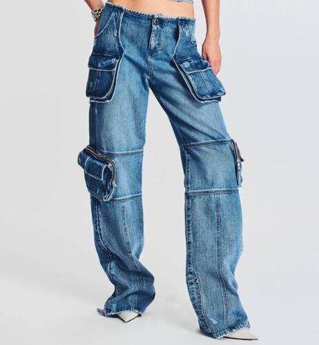 Women's Straight Leg Denim Jeans Blue Coffee Pockets Pants Punk Hip Hop Trousers - Picture 1 of 18