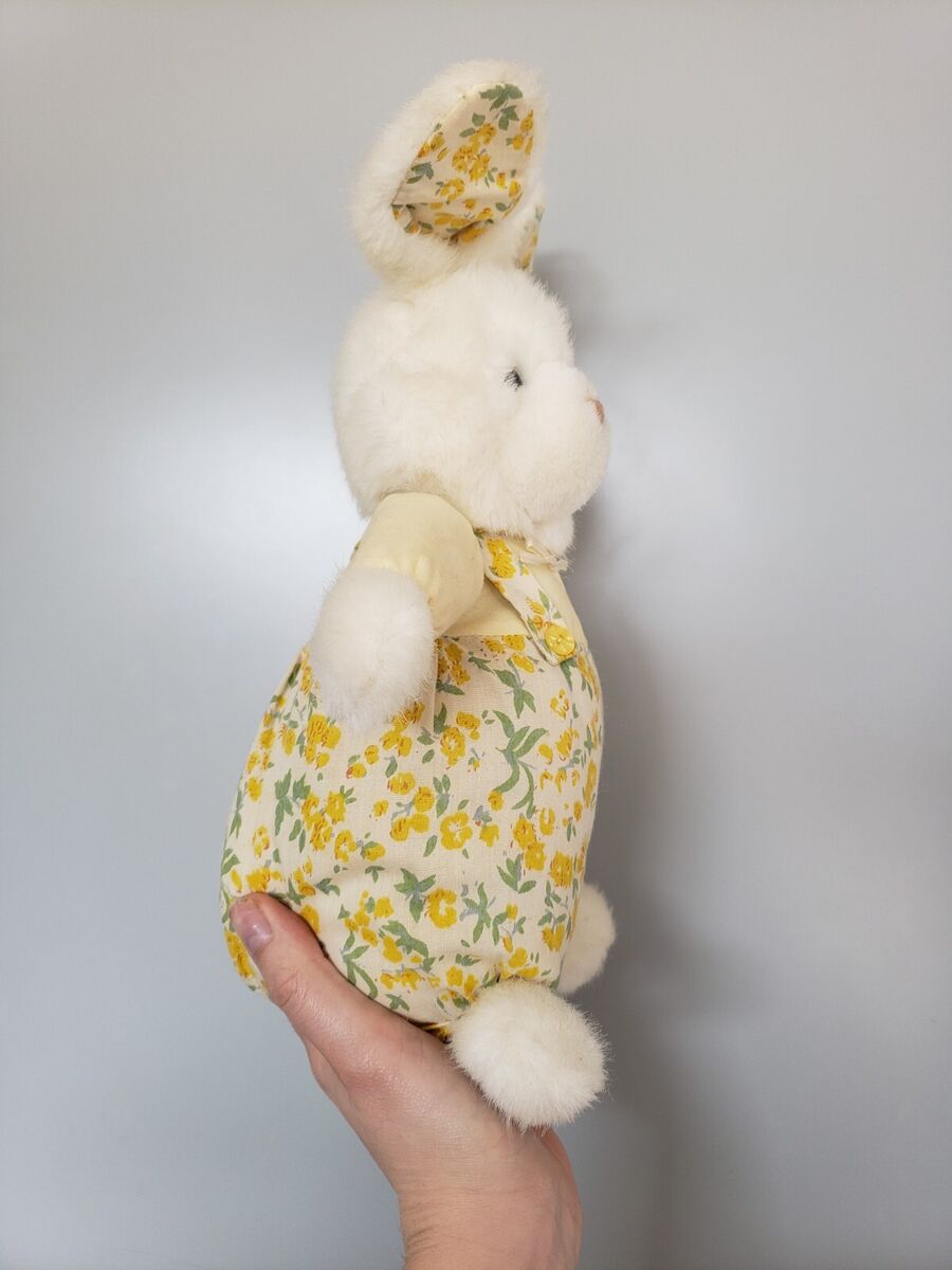 bunny rabbit Dressed Dungareed Soft Plush Vintage 1990s Easter Floral yellow bunny rabbit Dressed Dungareed Soft Plush Vintage 1990s Easter Floral yellow