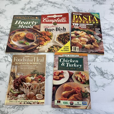 Lot of 5 Cookbooks hearty meals foods that heal cooking class 1992-1996 mixed