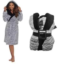 GIFT PACK LADIES GREY FLANNEL FLEECE SHERPA HOODED DRESSING GOWN UK SIZES 8-22