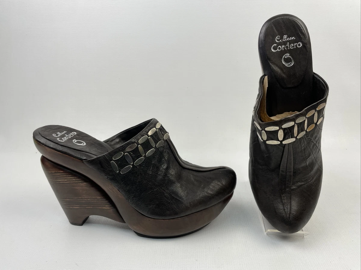 CALLEEN CORDERO Studded Leather Wooden Heel Slide Clog Shoe Sz. 7.5 8 Made in US