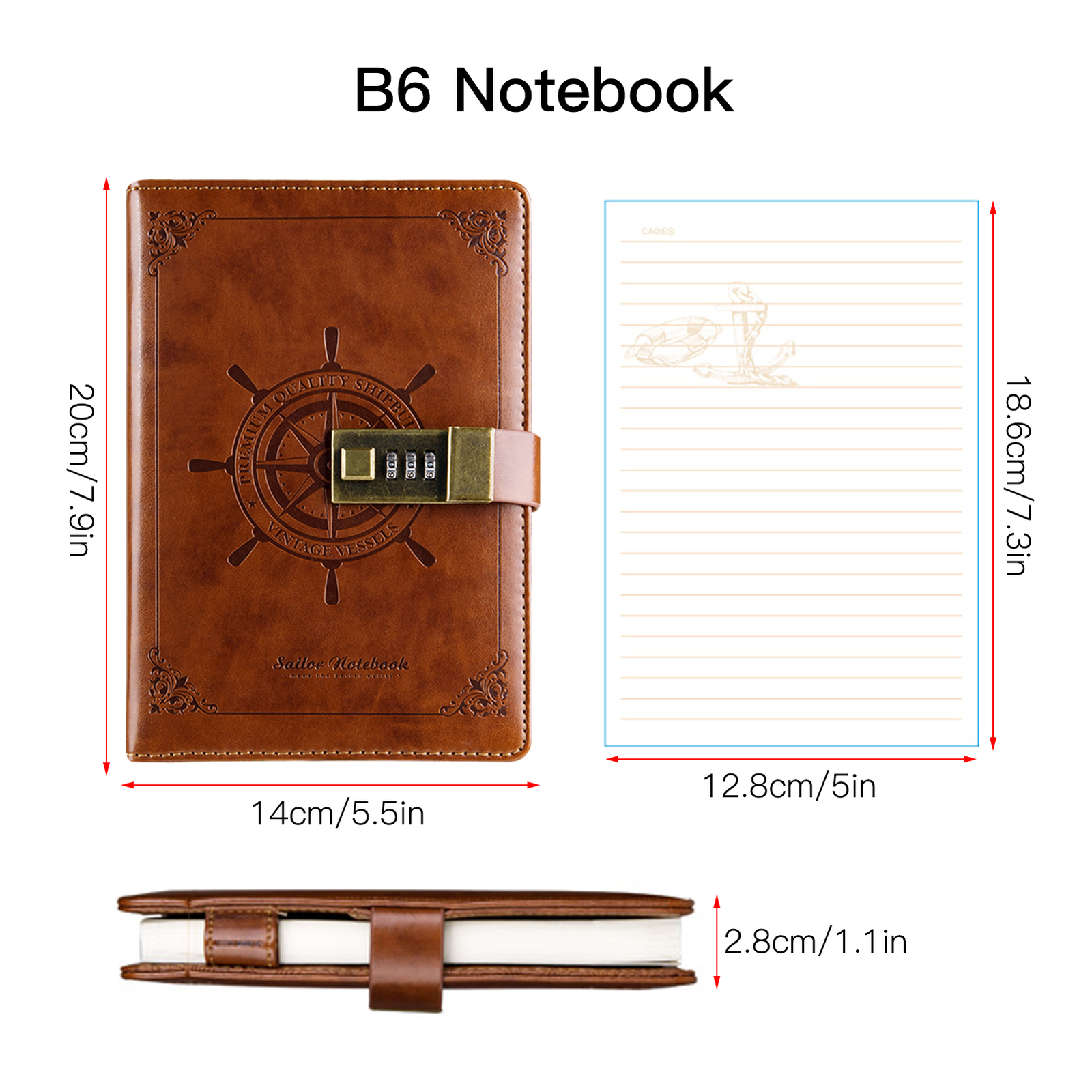 Vintage Journal Diary with Lock B6 PU Cover Retro Notebook 3Digit
