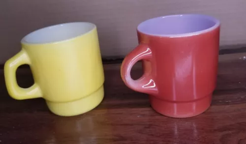 Vtg Fire King Anchor Hocking Coffee Mugs Yellow And Red stacking