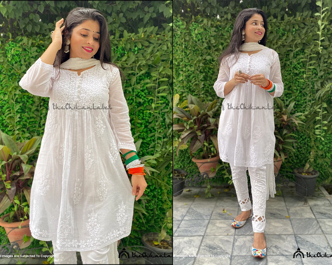 A-line Short Kurti White Floral Embroidered Thread Work Pure Cotton Thread  Work Pleated Kurti Indian Tunic Tunic Top Kurti on Jeans - Etsy