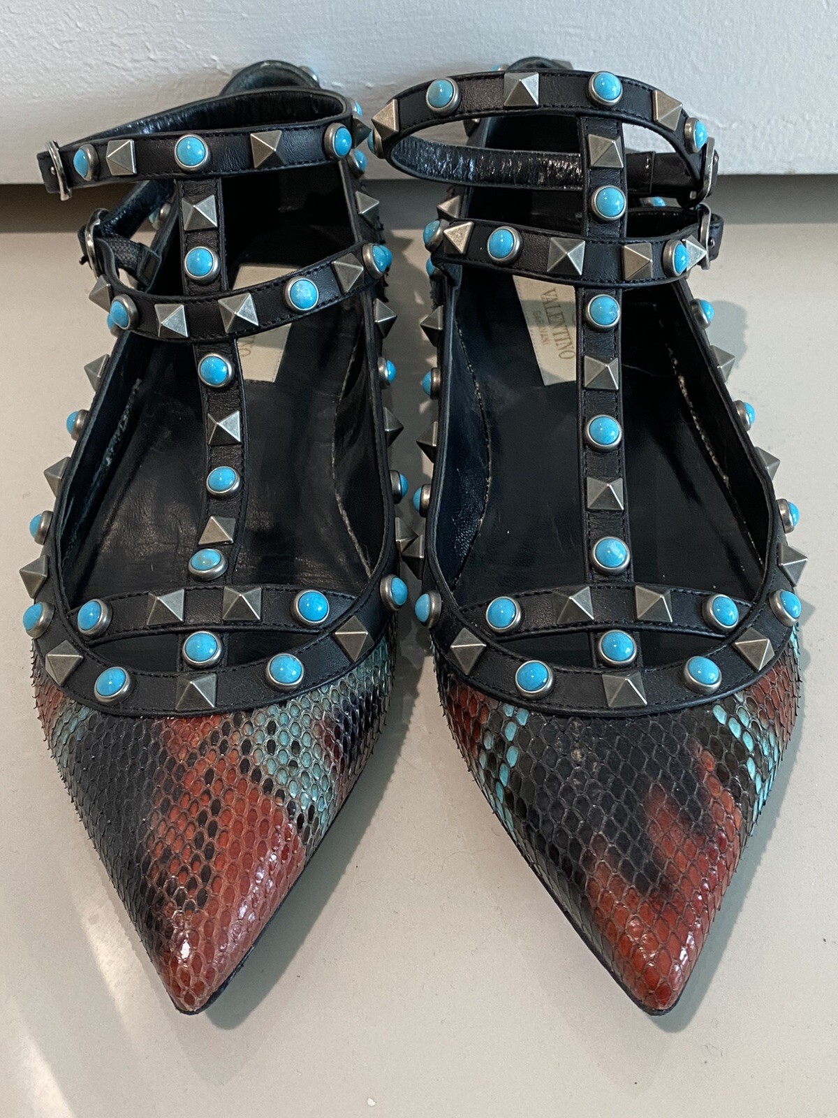 VALENTINO PYTHON SNAKESKIN & TURQUOISE ROCKSTUD B… - image 1
