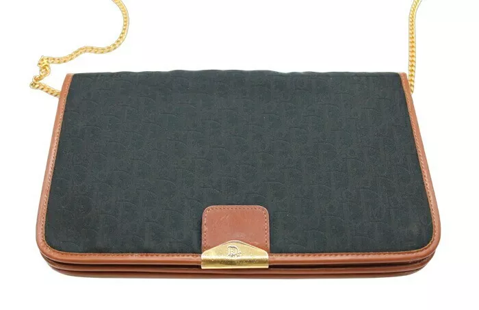 Christian Dior Trotter Chaîne Sac Bandoulière Pochette Carrée Toile Cuir Noir