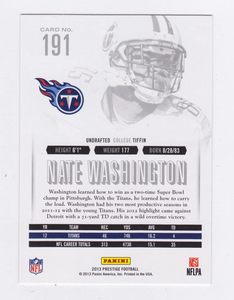 2013 Panini Prestige - Nate Washington #191 - Image 2 of 2