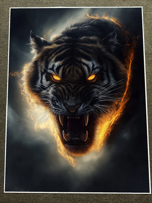 Roaring Tiger Engulfed in Fiery Flames Poster 18x24in