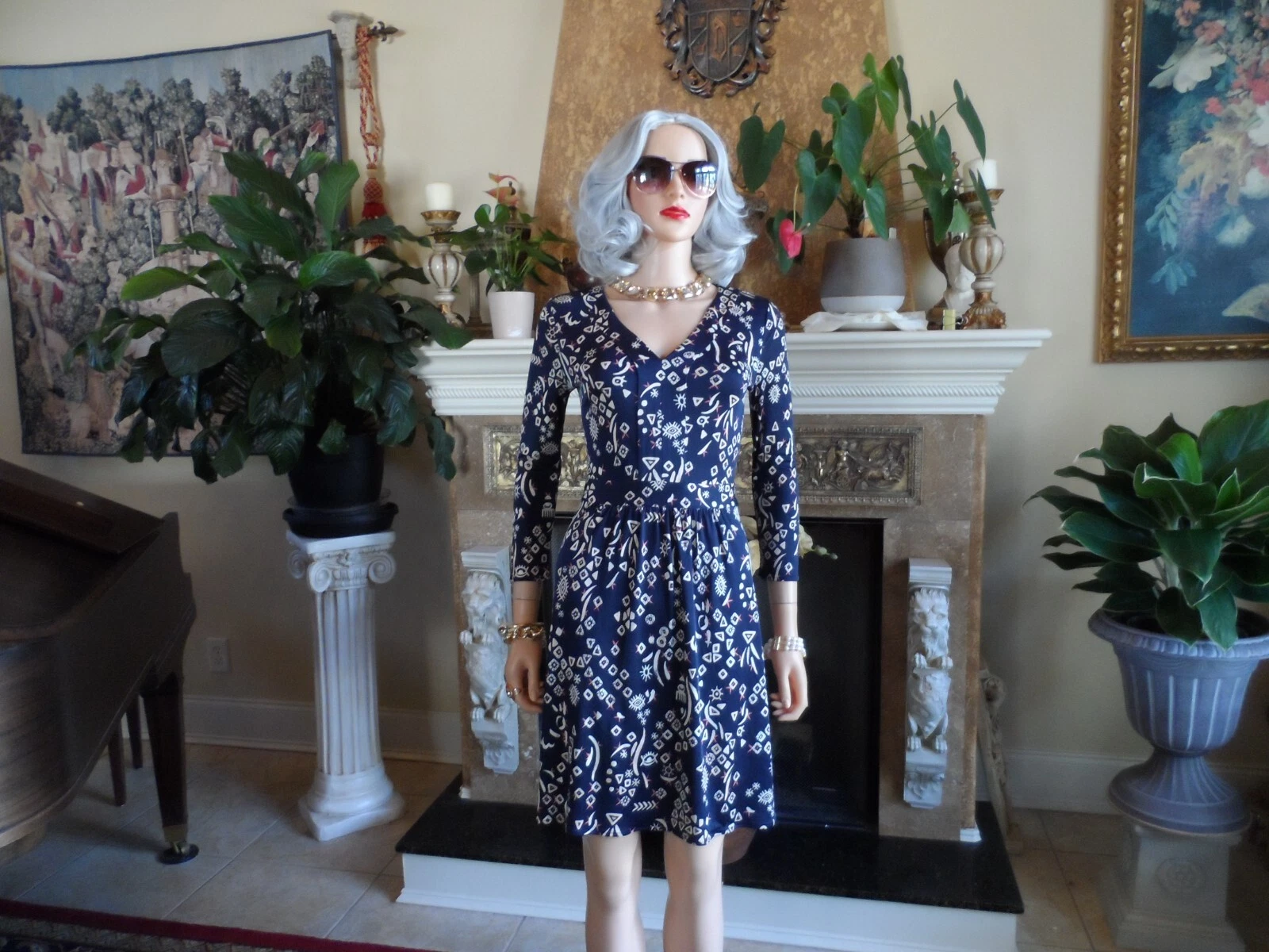 Abito in guaina multistampa Tory Burch 100% seta blu navy taglia PXS