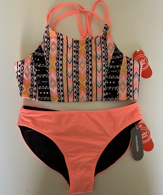 Wonder Nation Girls Printed Bikini Swimsuit, 2-Pc, Reversible Bottoms XL(  14-16)