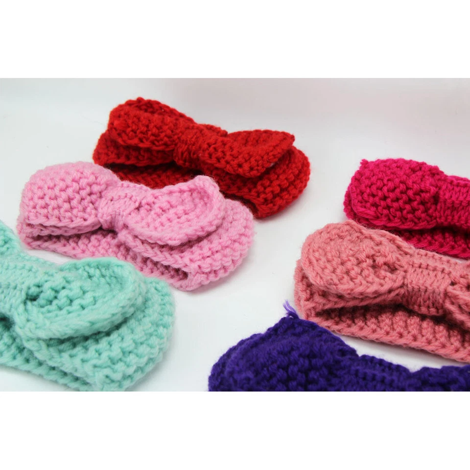 Baby Toddler Kid Girl Bow Turban Elastic Headband Knitted Crochet Hair Head Band - Image 3 of 4