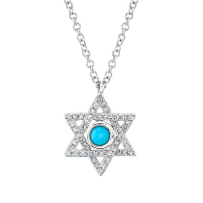 14K Weißgold Diamant Türkis Stern von David Halskette Natürlich 0.23 Karat Damen