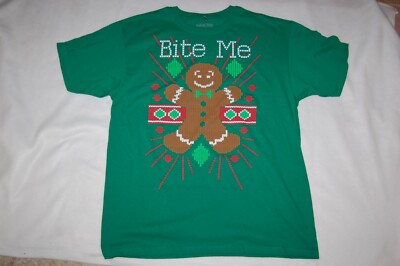 Mens Womens S/S Christmas T-Shirt ''BITE ME'' GINGERBREAD MAN Green SIZE L