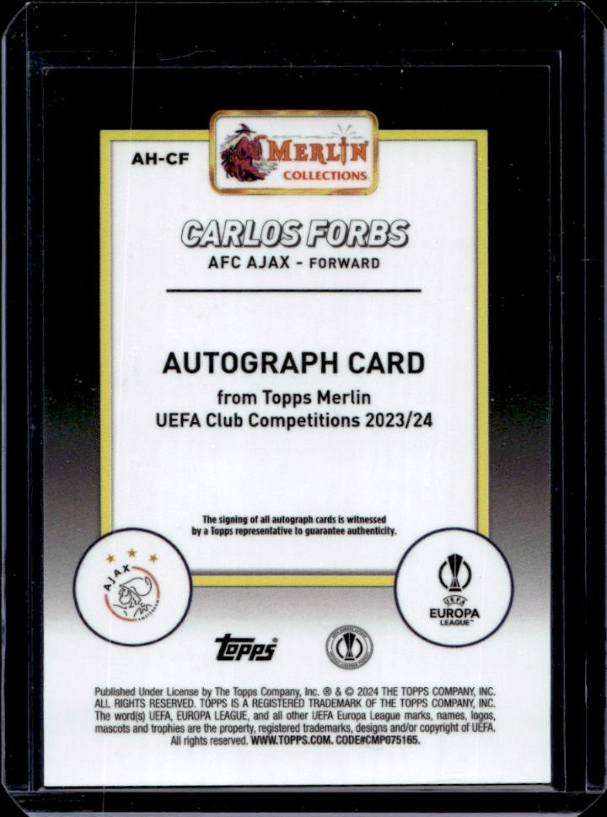 2023-24 Topps Chrome Merlin UEFA Carlos Forbs Auto RC Refractor Rookie #AH-CF view 2