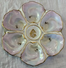 French Porcelain Limoges Oysters Plate with pearls and Monogram gold Encrusted