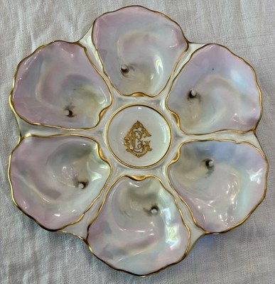 French Porcelain Limoges Oysters Plate with pearls and Monogram gold Encrusted
