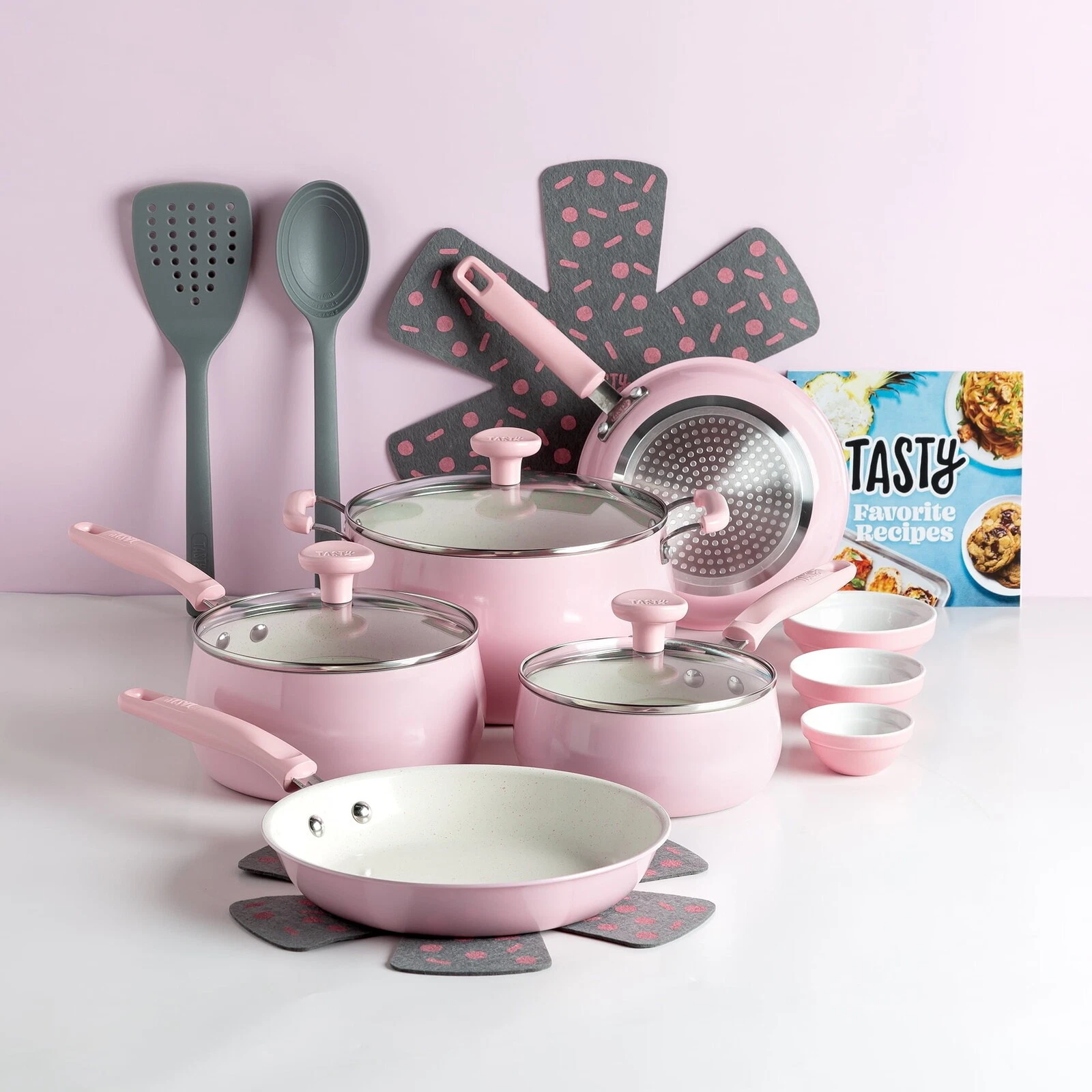 US Ceramic Pans and Pots 16 Piece Non-Stick Aluminum Cookware Set Oven Safe Pink