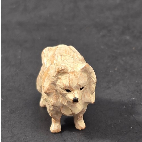 Miniature Pomeranian Dog Figurine Faux Wood Carved Pet Collectible Tan Cream