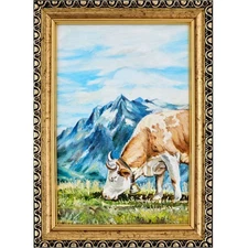 Original Oil Painting Cow in Alpine Mountains Framed 4x6 Landscape Art