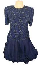 Brilliante by J.A. long beaded dress women size large navy blue sequins vintage