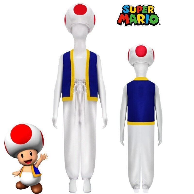 Disfraz de Super Mario Toad Cosplay traje sombrero de seta chaleco pantalones carnaval disfraz de hombre