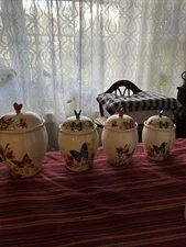 Set Of 4 VTG  Ceramic Canisters With Monarch Butterflies & Floral Decoration. 