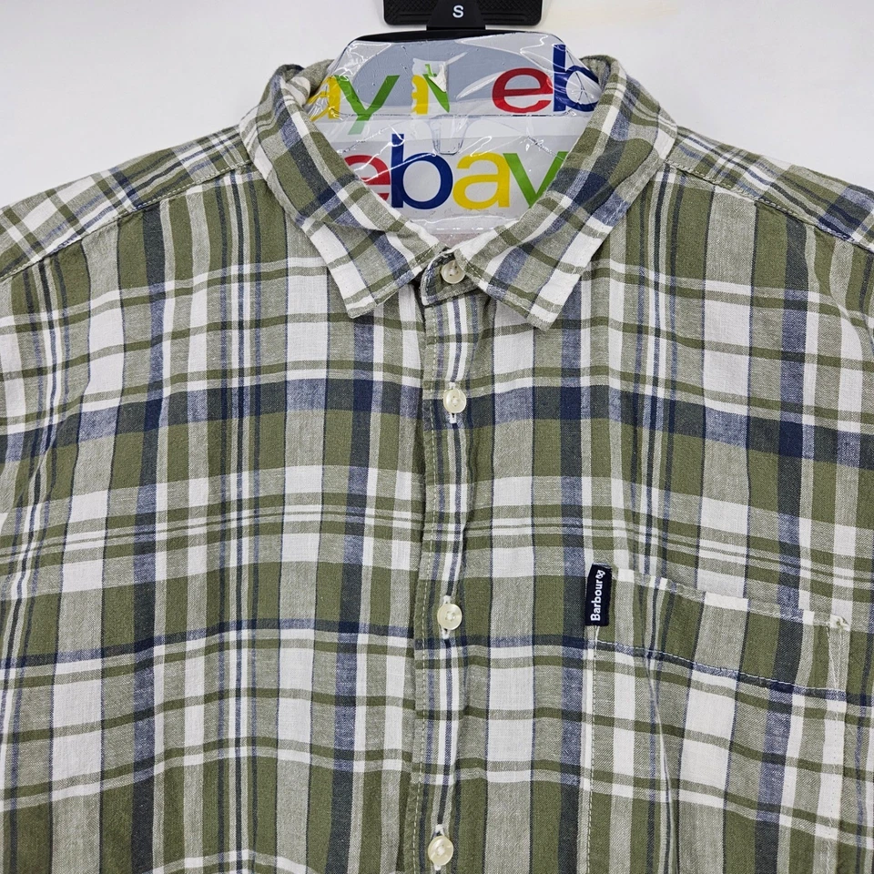 Barbour 衬衫男式大号绿色格子亚麻混纺短袖标准版型 — 第 2/4 张图片