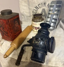 Lot Of Home decor  primitive Farm House Tins Roller Pin Ice Tray antique Lantern