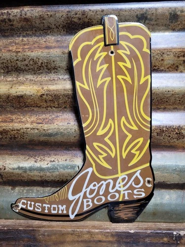 VINTAGE JONES BOOTS PORCELAIN SIGN OLD RODEO COWBOY WESTERN SHOE RANCH COBBLER