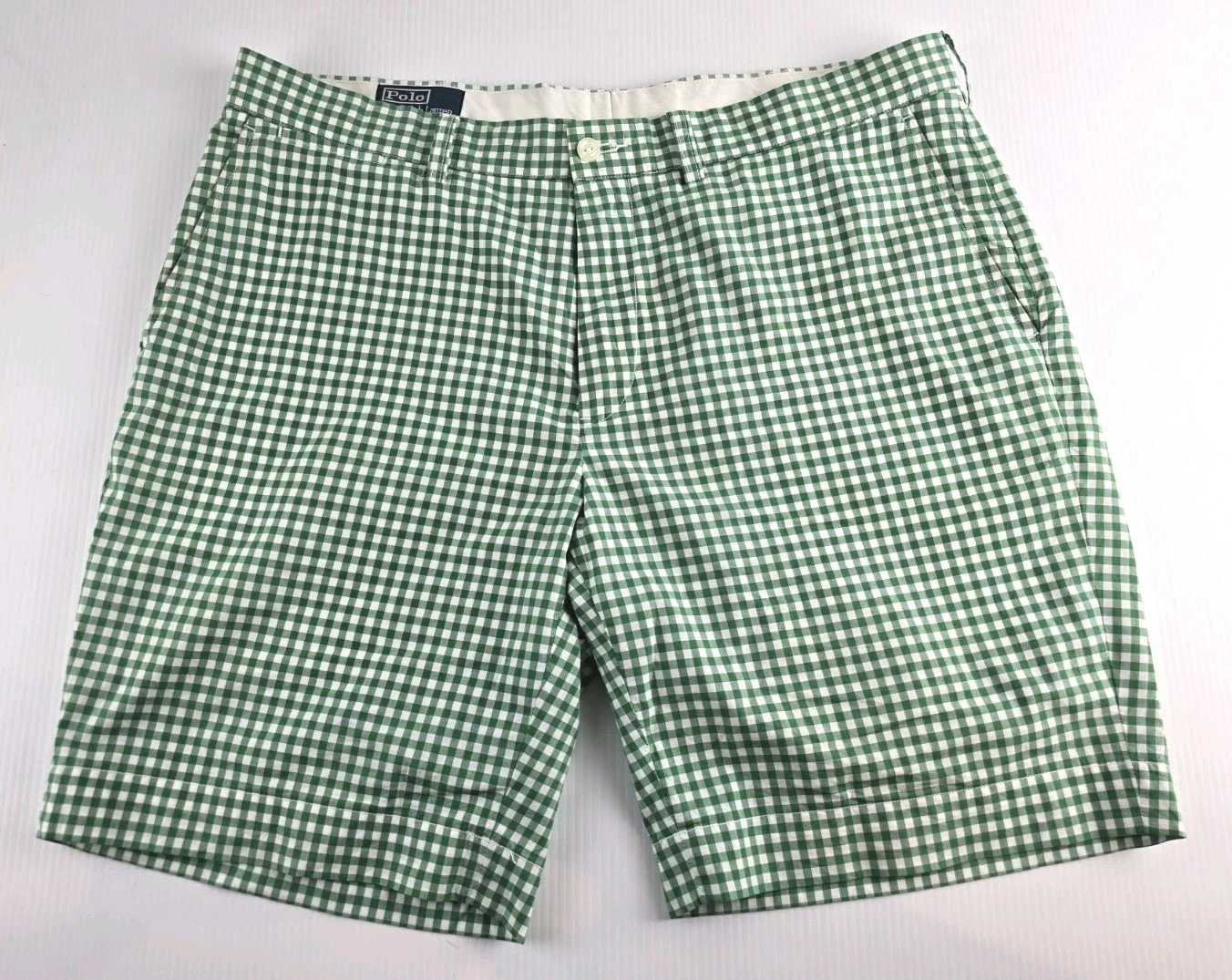 Vintage Polo Ralph Lauren Shuffield Cotton Classic Shorts Green Check Mens 38x9