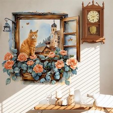 Vintage Kitten Flower Fake Window Wall Stickers, Ginger Cat Peony Rose Wall