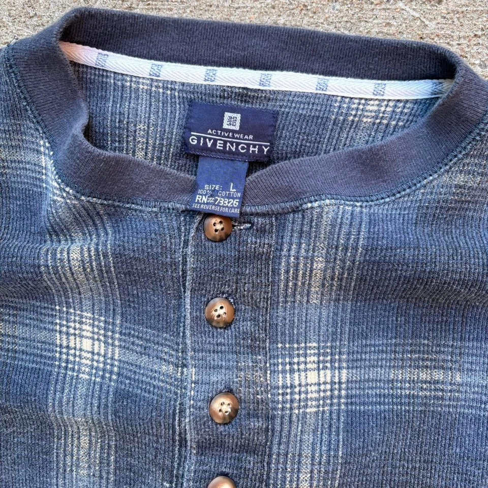 Camisa masculina Givenchy azul marinho xadrez Henley manga longa tamanho grande 100% algodão - Imagem 4 de 4