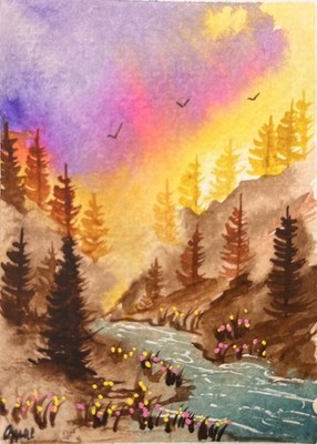 ACEO Watercolor  landscape Painting  Bohoandbloosoms Original 