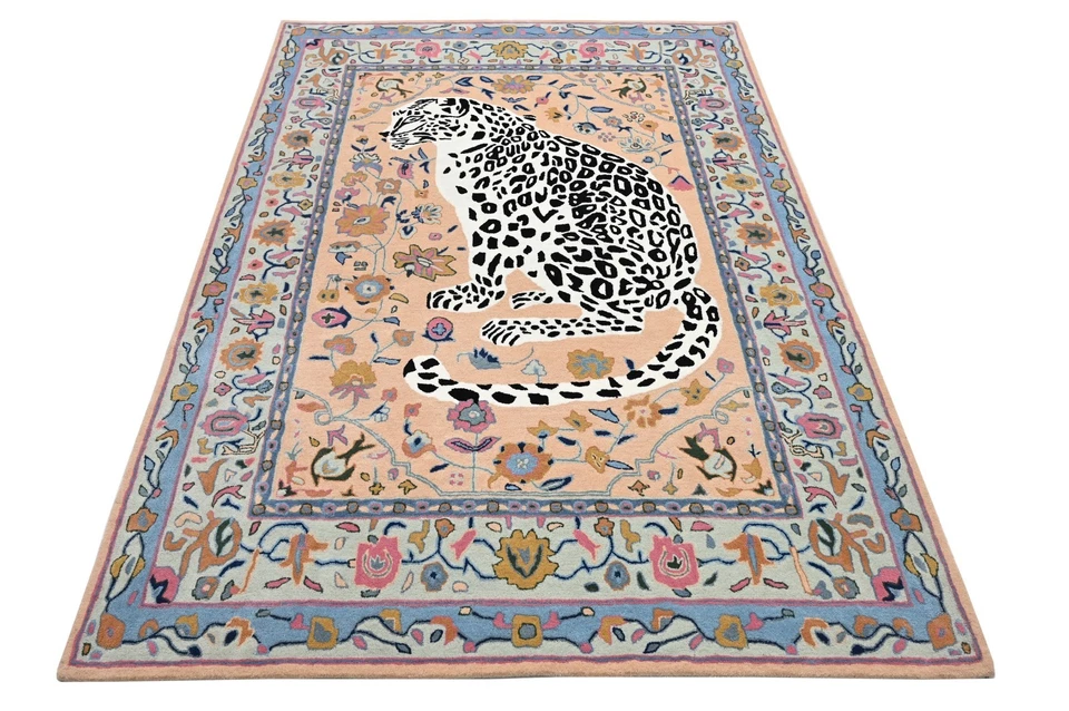 Alfombra de lana hecha a mano diseño leopardo | Estampado de animales acolchado a mano, alfombra de sala de estar 5x8 Foto 2 de 4
