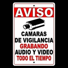Spanish Security Cctv Warning Audio Video Surveillance Camera Sign / Decal