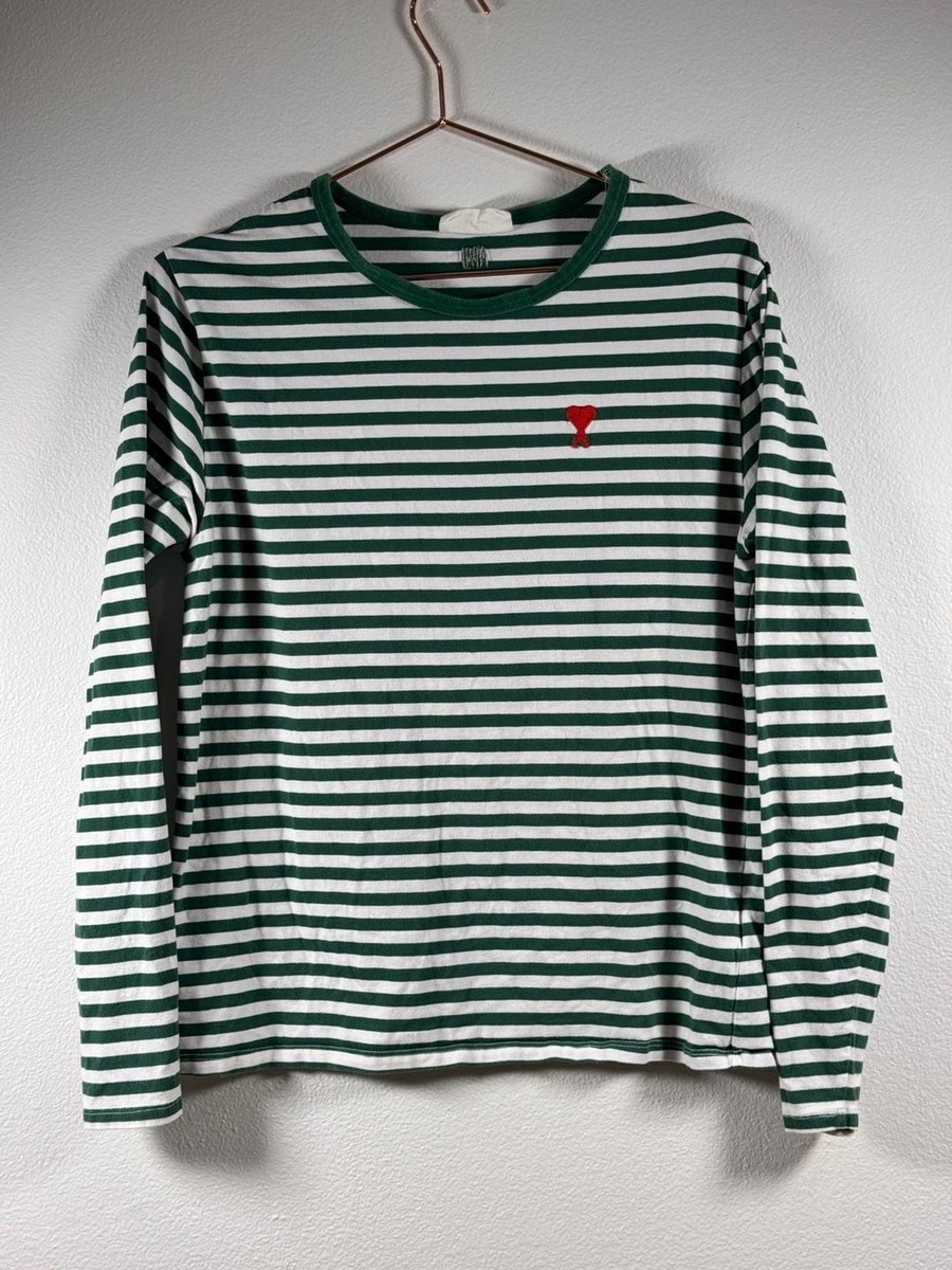 AMI Paris Ami de Coeur Striped Long Sleeve T-Shirt in Green/White Organic Cotton View 3