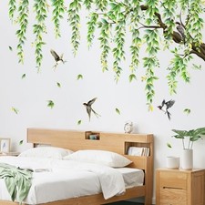Large Green Tree Branch Wall Decals Hanging Green Vine Leaves Birds Wall