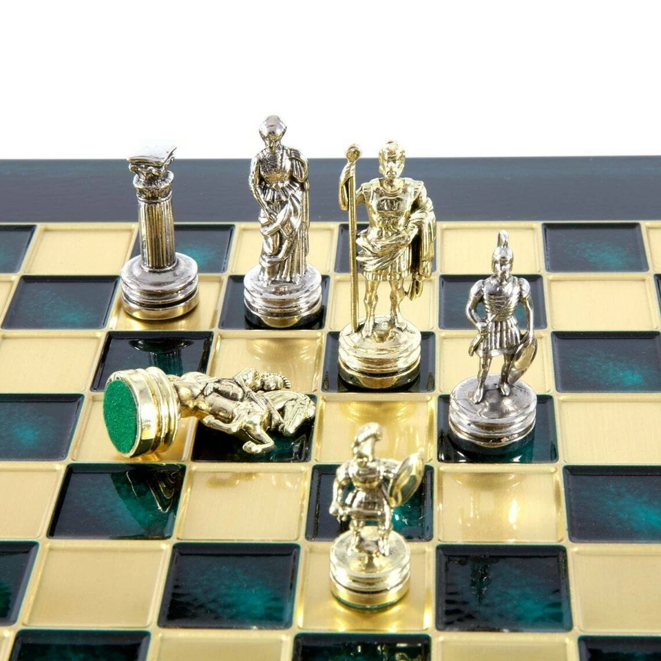 Manopoulos Greek Roman Army Chess Set - Brass Nickel Pawns - Green chess Board - Image 4 of 4
