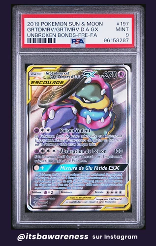 Carte Pokémon Grotadmorv et grotadmorv d'alola gx 197/214 PSA 9 soleil et lune