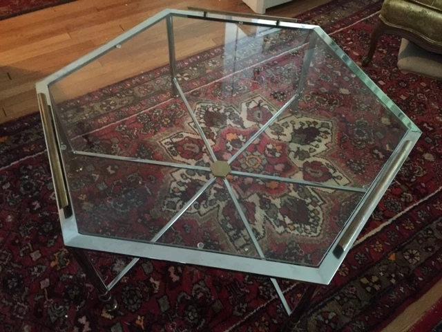Mesa de centro Maison Jansen hexagonal de latón cromado Hollywood Regency moderna Foto 4 de 4
