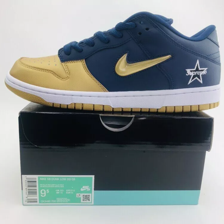 Neuf Nike SB Dunk Low OG QS DS Supreme Navy or métallique homme taille 9,5 CK3480 700