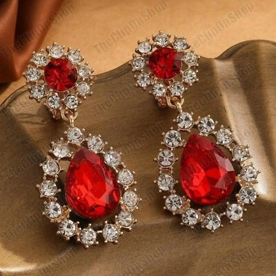 CLIP ON 2"long BIG CRYSTAL teardrop EARRINGS ruby red SPARKLY vtg style GLASS - Image 1 of 4