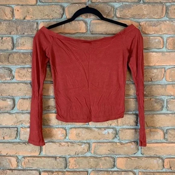 Y2K Ambiance женщин средний верхний ржавчины оранжевый с плеча ребристый длинным рукавом укороченный - Изображение 2 из 3